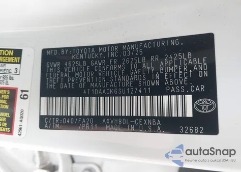 2025 Toyota Camry Le from USA, damaged, VIN 4T1DAACK6SU127411